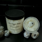 White sugar scrub with ecoglitter and a Moonstone crystal on top, shown in 2 sizes.