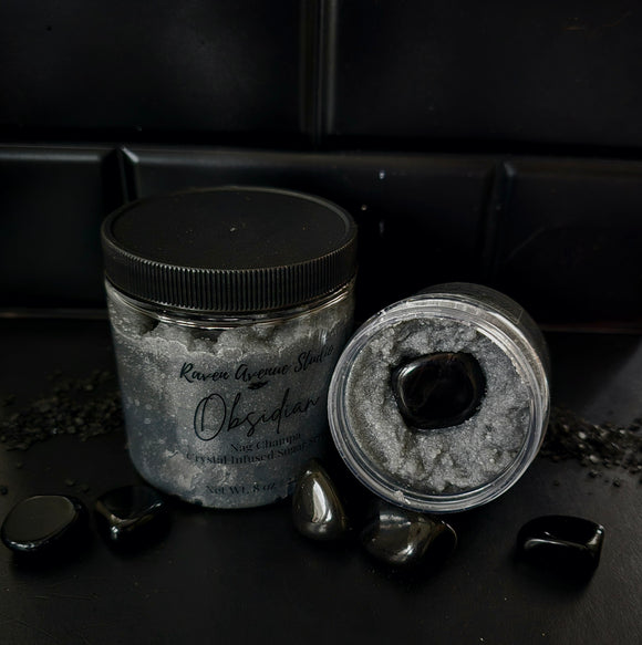 Dark grey sugar scrub with a genuine black obsidian crystal on top