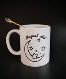 Magical AF white mug with black moon and stars graphic , Magical AF wording in black