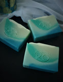 Cancer astrology soap blue and green ombre with white on top cancer symbol stamped into soap