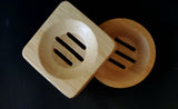 Honey colored slated bamboo soap dish, square and circle shape