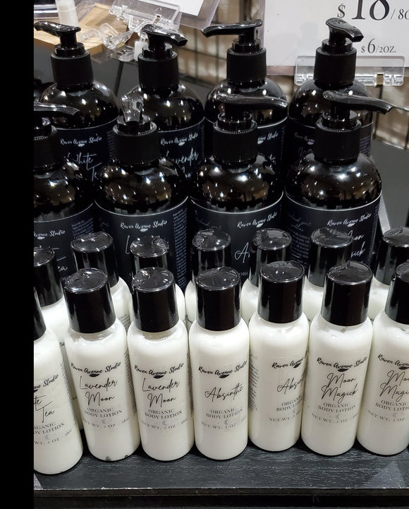8 and 2 ounce organic  lotion bottles in various scents