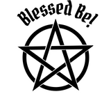 White mug with blessed be word in black text and pentacle graphic