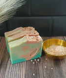 Green and pink swirled soap with Himalayan pink salt on top