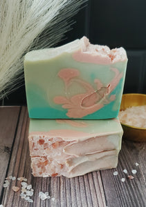 Green and pink swirled soap with Himalayan pink salt on top