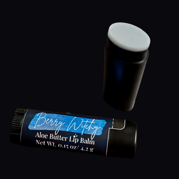 Black tube, blueberry scented, light blue colored lip balm