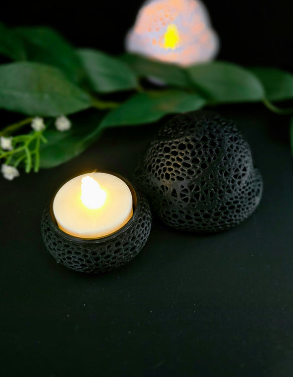 mushroom shaped lace electric tealight holder show with top off.