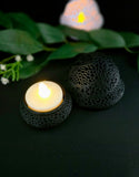 mushroom shaped lace electric tealight holder show with top off.