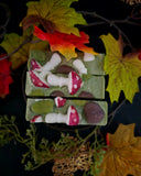 Three rectangular bars of handmade soap with a woodland mushroom theme, featuring green bases with white and red mushrooms, set against a dark background decorated with autumn leaves.