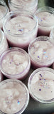 Moonflower, lavender colored sugar  scrub with ecoglitter on top