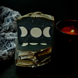 Moon Magick Soap Bar. Black soap with white triple moon soap embeds
