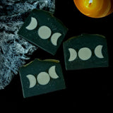 Moon Magick Soap Bar. Black soap with white triple moon soap embeds