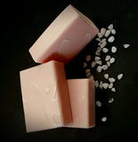 Rose Quartz Artisan Soap. Pink soap with white mica lines.