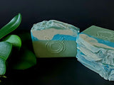 Taurus Astrology Soap. Green, blue and white striped soap with Taurus astrology symbol stamped on front