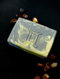 Gemini astrology soap. In gray and yellow swirl with gemini symbol stamped on front