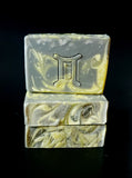 Gemini astrology soap. In gray and yellow swirl with gemini symbol stamped on front