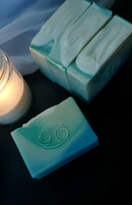 Cancer astrology soap blue and green ombre with white on top cancer symbol stamped on soap