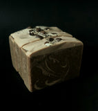 Dark Magic Brew artisan soap brown swirl with coffee grounds and coffee beans on top