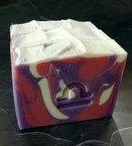 Libra Astrology Soap. White, pink and purple swirled soap with Libra astrology symbol stamped in front