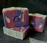 Libra Astrology Soap. White, pink and purple swirled soap with Libra astrology symbol stamped in front