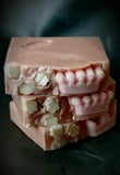 Snow Fairy Queen artisan soap. Pink soap with pink soap crown and cream snowflakes