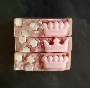 Snow Fairy Queen artisan soap. Pink soap with pink soap crown and cream snowflakes