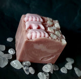 Snow Fairy Queen artisan soap. Pink soap with pink soap crown and cream snowflakes