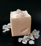 rose quartz crystal soap. Pink soap with crystal on top