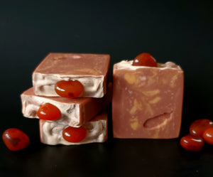 Carnelian Crystal Soap. Red and gold swirl soap bar with crystal on top