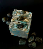 Blue, grey and gold swirled soap with genuine labradorite crystal