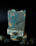 Blue, grey and gold swirled soap with genuine labradorite crystal