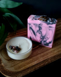 Pink and black soap with genuine rhodonite crystal