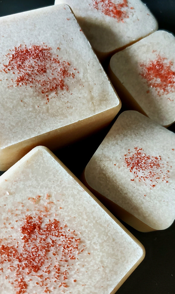 White peppermint scented salt soap topped with red  sea salt soap