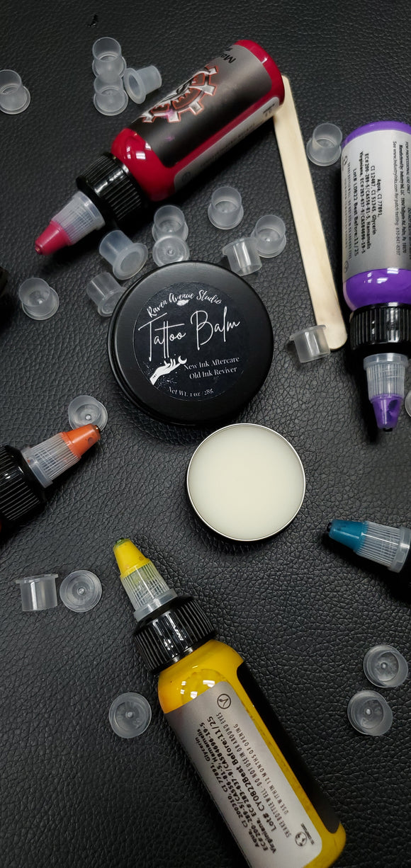 Tattoo balm in  in black tin 1 oz and 1/2 oz size