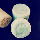 Luffa Lux Soap Bar. Blue soap with luffa slice inside.