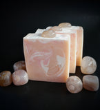 Pink and white swirled soap with genuine flower agate  crystal on top